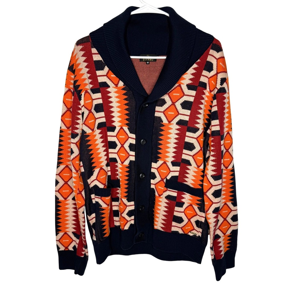 D'IYANU Mens Shawl Collar Cardigan Sweater Geometric African Print Navy Orange M